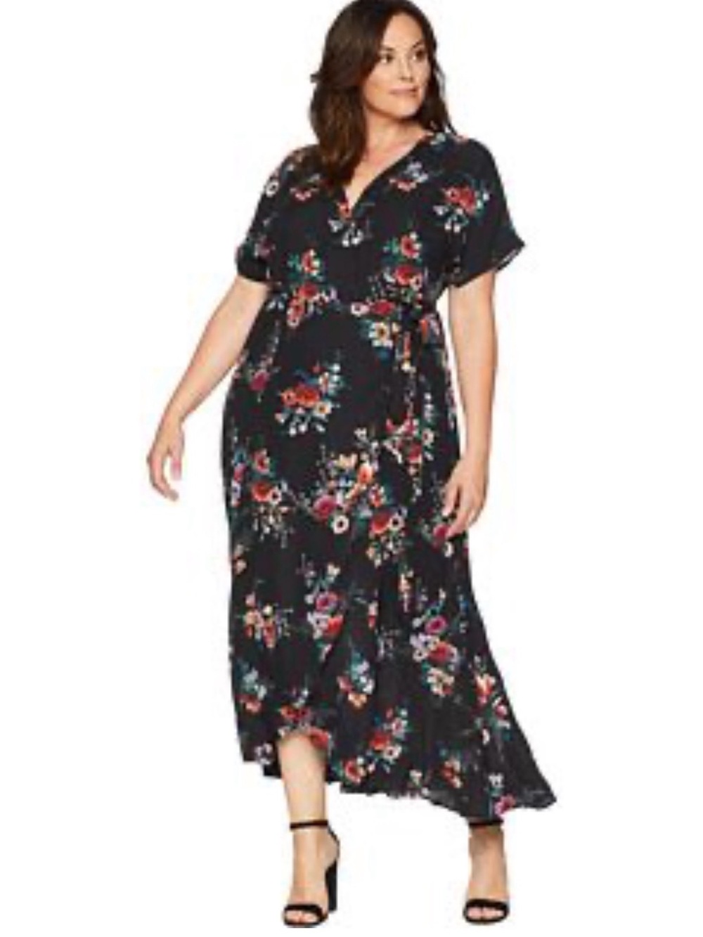 Collection by Bobeau Black Floral Wrap Maxi Dress Short Flutter Sleeve Lined XL